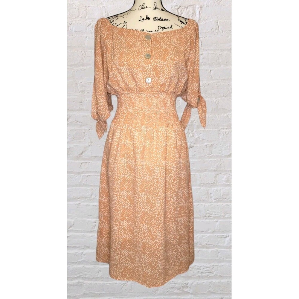 POL Smocked Puff Sleeve Midi Dress Womens SM Peach Knee Length Romantic